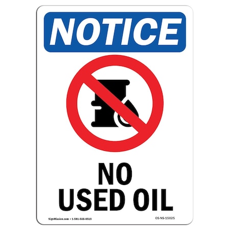 Signmission Safety Sign, OSHA Notice, 10" Height, No Used Oil Sign With Symbol, Portrait OS-NS-D-710-V-15025